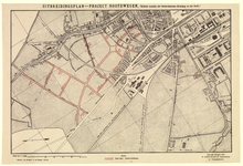 214184 Plattegrond van het uitbreidingsplan van de stad Utrecht; met weergave van het bestaande stratenplan, wegen, ...